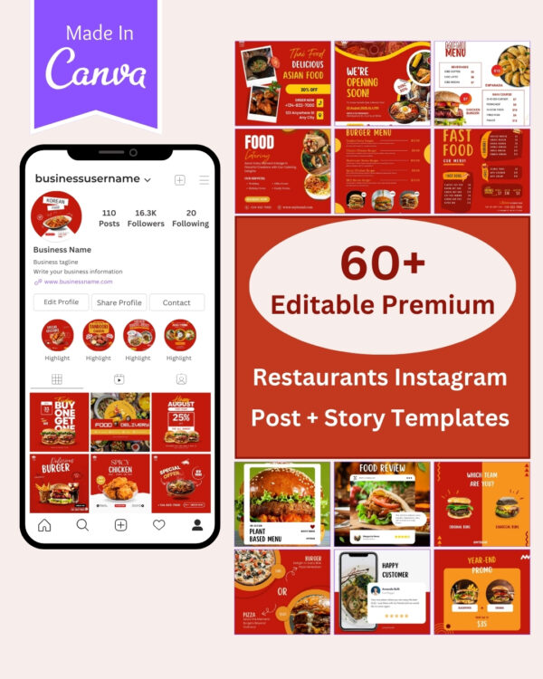 60+ Fast Food Instagram Post & Story Canva Editable Templates
