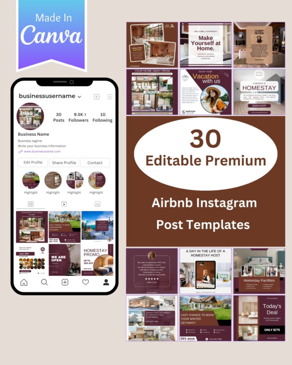 30 AirbnbHomestay Instagram Post Templates - Canva Editable