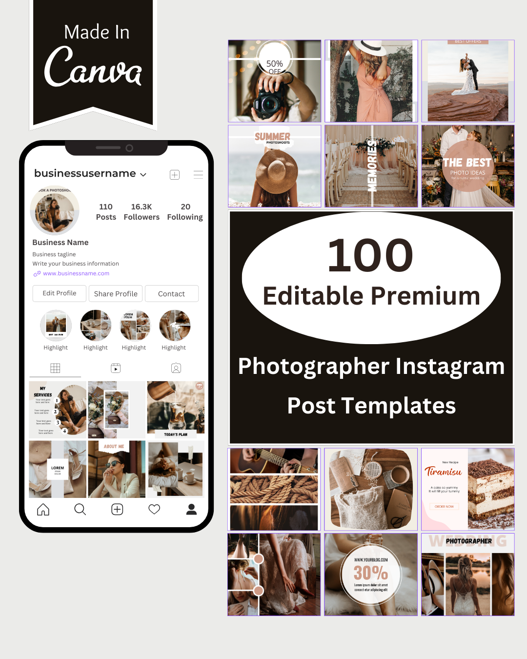 ake your photography brand to new heights with these 100 professionally designed Instagram templates! Perfect for photographers, studios, and creative professionals, these templates are fully editable in Canva—no design skills required! 🔥 What’s Included? ✔ 100 Instagram post templates ✔ Fully customizable in Canva (Free & Pro users) ✔ Edit text, colors, fonts, and images to match your photography style ✔ Ideal for promoting services, showcasing portfolios, and sharing tips ✔ Clean, modern, and visually striking designs 🚀 Why You’ll Love It ✔ Save hours with ready-to-use templates ✔ Create a professional, cohesive Instagram feed ✔ Attract clients and boost engagement with stunning visuals 🎯 How It Works Purchase the templates Instantly download the PDF with Canva link Open in Canva and start customizing 📌 No software needed – just a free Canva account! 🔥 Showcase your photography like a pro! Grab these 100 Premium Photographer Instagram Templates and start creating scroll-stopping content in minutes.