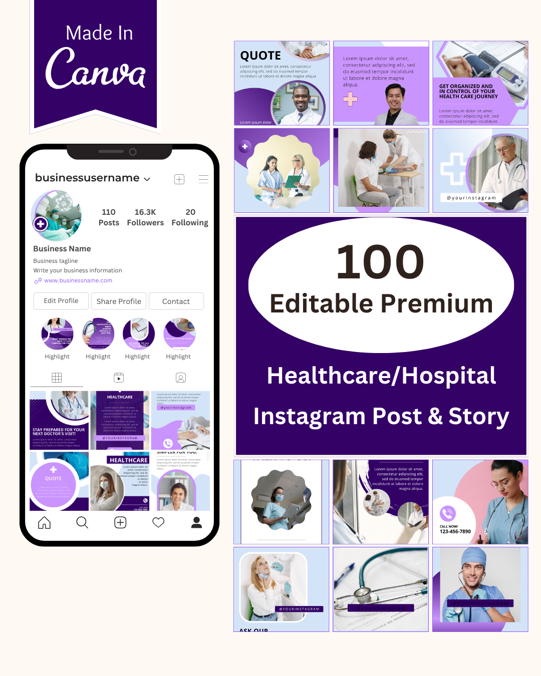 100 HealthcareHospital Instagram Post and Story Canva Templates