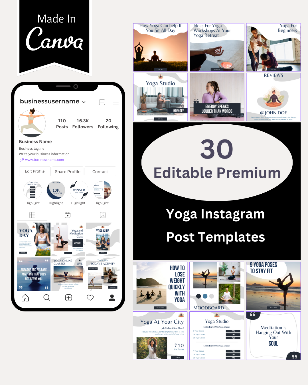 30 Yoga Instagram Post Templates | Editable Canva Templates