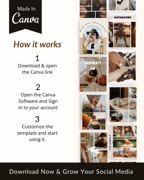 ake your photography brand to new heights with these 100 professionally designed Instagram templates! Perfect for photographers, studios, and creative professionals, these templates are fully editable in Canva—no design skills required! 🔥 What’s Included? ✔ 100 Instagram post templates ✔ Fully customizable in Canva (Free & Pro users) ✔ Edit text, colors, fonts, and images to match your photography style ✔ Ideal for promoting services, showcasing portfolios, and sharing tips ✔ Clean, modern, and visually striking designs 🚀 Why You’ll Love It ✔ Save hours with ready-to-use templates ✔ Create a professional, cohesive Instagram feed ✔ Attract clients and boost engagement with stunning visuals 🎯 How It Works Purchase the templates Instantly download the PDF with Canva link Open in Canva and start customizing 📌 No software needed – just a free Canva account! 🔥 Showcase your photography like a pro! Grab these 100 Premium Photographer Instagram Templates and start creating scroll-stopping content in minutes.
